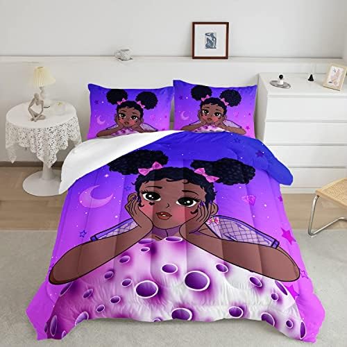 HOSIMA Black Girl Magic Comforter Set,African American Black Girl Comforter Set for Girls Teens,Black Hair Girls Purple Galaxy Bedding Set Queen Size,Kids Bedroom Decor with 2 Pillowcases.