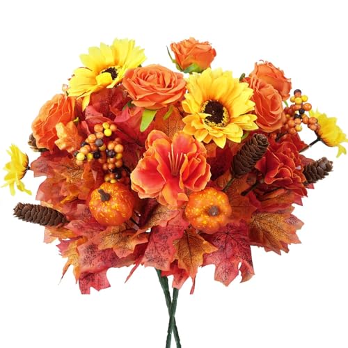 NAHUAA 2 Bundles Artificial Fall Flowers Fake Fall Leaves Stems with Fake Mums Pumpkin Fall Floral Arrangement Fall Cemetery Flowers for Grave Vase Autumn Thanksgiving Harvest Decoration