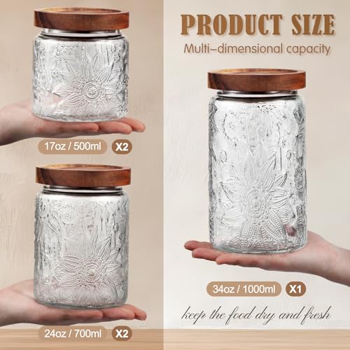 Image of Suclain 5 Pcs Sunflower Vintage Glass Jars Airtight Lid 17 /24 /34 oz, Round | Glass Containers, Decorative Jars Bamboo Lids, Storage for Food Kitchen Counter Pantry Sugar Flour Coffee Tea Candy Oats