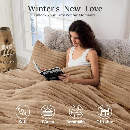 Image of Sasttie Full Comforter Set 3 Pieces - Super Soft Fleece Comforters Full Size, 1 Luxury Warm Fuzzy Marshmallow Comforter with 2 Pillow Cases, Faux Fur Down Alternative Bedding Set, Brown