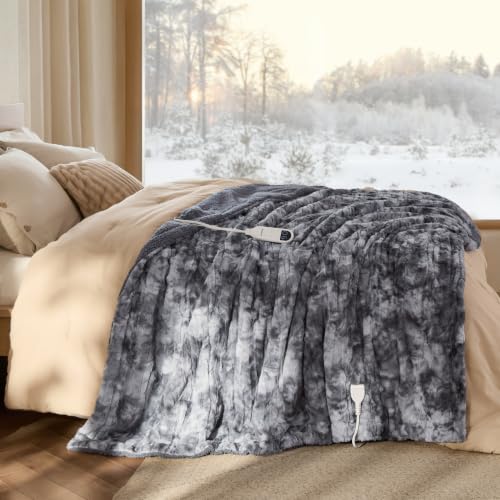 Image of Bedsure Faux Fur Heated Blanket Full Size, Tie-Dye Electric Blanket, Grey