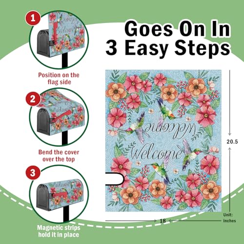 Image of Welcome Spring Summer Mailbox Cover Magnetic Standard Size 20.5 inch x 18 inch, Hummingbird Anemone Flower Blue Decorative Post Letter Box Wrap Decor, Floral Seasonal Garden Yard Outdoor Decoration