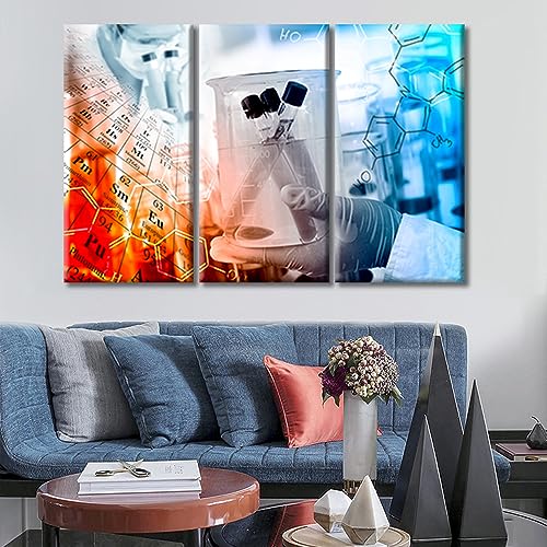 Image of Scientist and Test Tubes Laboratory Concept Framed Wall Art Chemical Equations and Periodic Table Pictures Wall Prints 3 Panels Prints for Wall Decor Stretched and Framed Ready to Hang (36 inch Wx24 H)