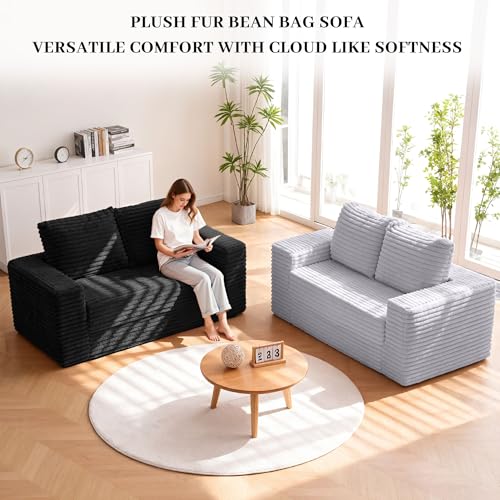 Image of HABUTWAY 62 inch Small Boneless Couch,3-in-1 Convertible Folding Sofa Bed, Corduroy Loveseat Sofa Bed w /2 Pillows for Living Room /Guest Room No Assembly Required, Black