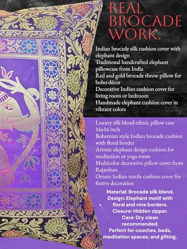 Original Kikan Kissenbezug aus indischem Elefanten-Mandala, Seide, Sari-Brokat, Boho-Stil, Heimdekoration, 40,6 x 40,6 cm, Reißverschluss, Banarsi, ethnisch, handgefertigt, Patchwork (lila)