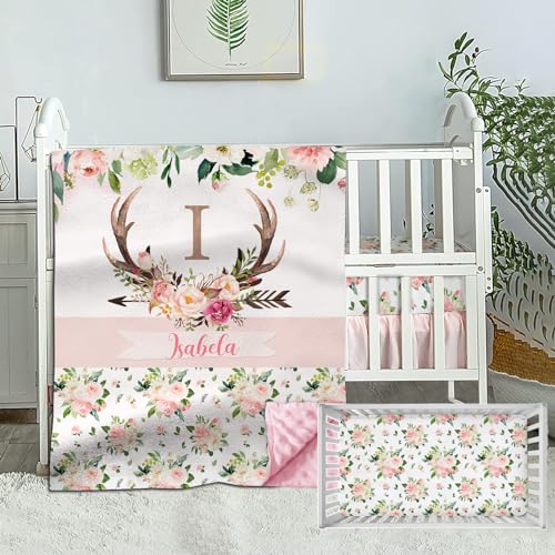 Personalized Baby Girl Crib Bedding Set, Custom Name Crib Comforter, Antlers Deer Nursery Bedding, 2 Piece Set