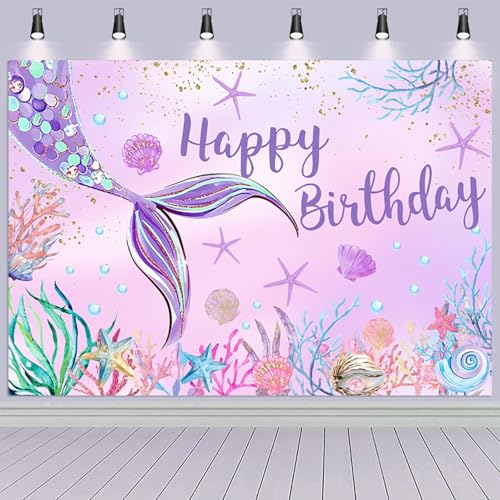 Hnmdmyi 2.1x1.5m Toile de Fond sirène sous la mer Queue de sirène Violette Etoile de mer Coquillage Algues Fond Photographique Joyeux Anniversaire Princesse...
