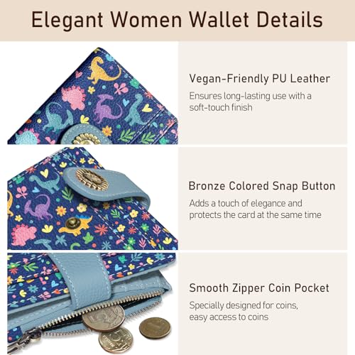 Image of Kelvoris Cute Dinosaurs Small Rfid Women Wallet Bifold Zipper Coin Pocket PU Leather Compact Cash Credit Card Holder Travel Wallet for Female Ladies Teen Girls 1 ID Window 10 Card Slots