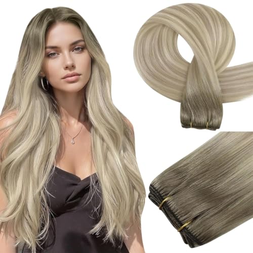 Image of Easyouth Sew in Hair Extensions Real Human Hair, Human Hair Weft Extensions, 14 Inch 70G, Medium Brown Fading to Brown Mix Platinum, Ombre Weft for Short Hair, Soft Natural