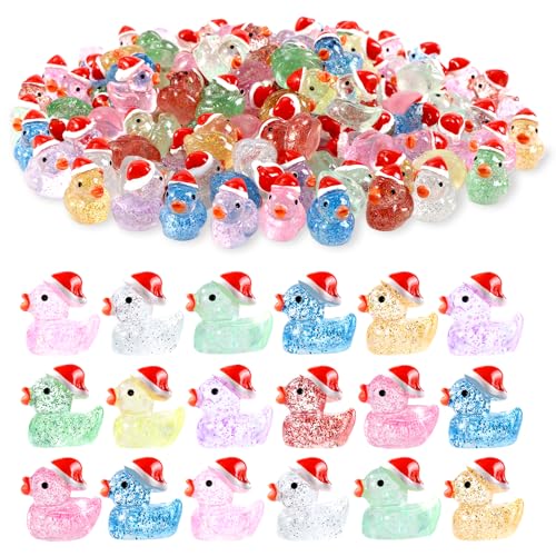DULEFUN Christmas Mini Glitter Ducks 60pcs Colorful Tiny Small Little Resin Ducks to Hide Plastic Miniatures Duck Figures for Xmas Goodie Bag Fillers Party Favors Decorations