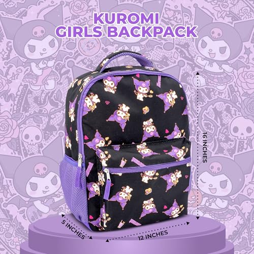 Image of AI ACCESSORY INNOVATIONS Hello Kitty 16 inch Backpack With Front Pocket for Girls, Allover Print Bookbag featuring Kuromi, Black