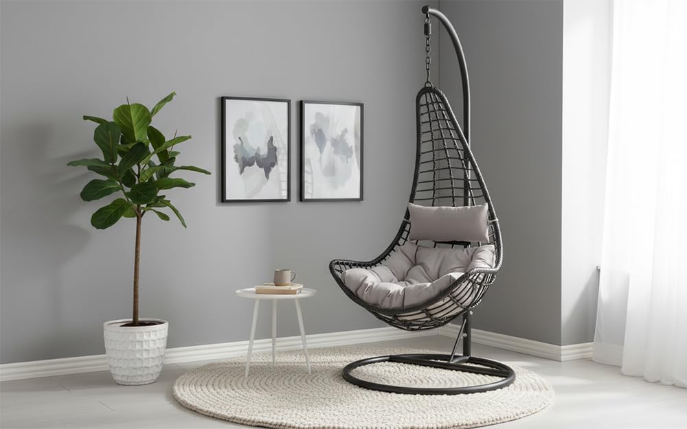 Outdoor Hängesessel LOFT Wide grau schwarz Hängestuhl inkl. Kissen wetterfest Gestell mit Sitzkorb Sessel Gartensessel