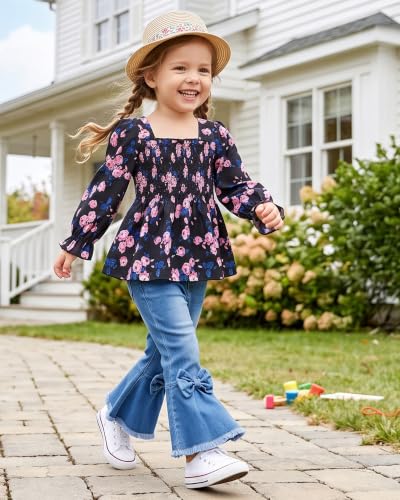 Image of Kucnuzki Toddler Kids Girl Clothes Long Sleeve Shirt Tops Baggy Jeans Cute Pants Set Baby Girl Outfit 2 Piece Clothing