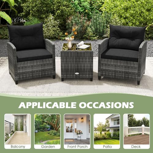 ORALNER Patio Furniture, 3 Pieces Outdoor Wicker Conversation Set Chairs with Soft Cushions and Glass Coffee Table, Rattan Bistro Set for Balcony Garden Deck Front Porch Poolside (Black) - Image 8