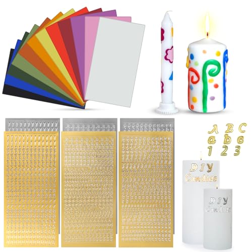 12 Farben Wachsplatten mit 3 Stück Goldenen Buchstabenaufklebern und 3 Stück Silbernen Aufklebern, zum Verzieren von Tauf- und Kommunionskerzen