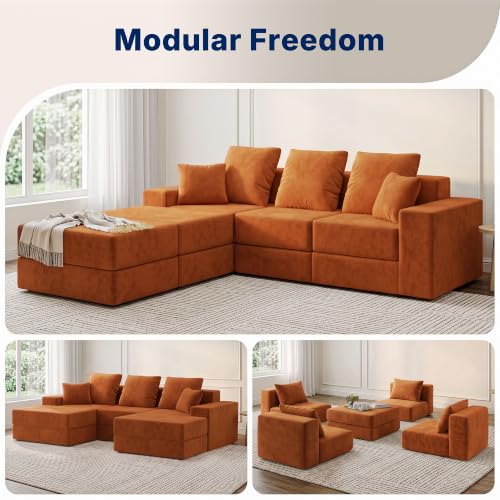 Image of Living&Giving 101 inch U-Shaped Cloud Sectional Couch for Living Room, Cloud Boneless Couch-No Assembly with Reversible Chaise, Customizable 3-Seat Modular Sectional Sofa with 2 Ottoman, Orange