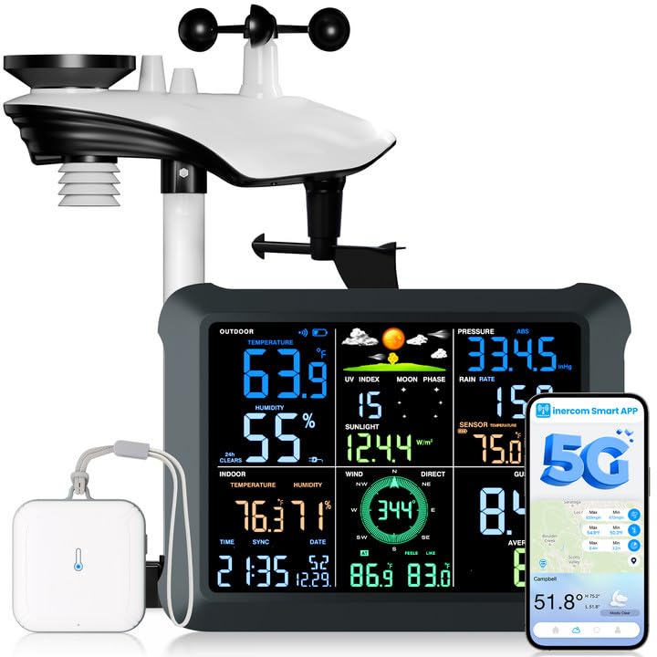 5G/2.4G Weather Stations Wireless Indoor Outdoor with APP, WiFi Weather Station with Temperature, Humidity, Wind Speed/Direction and Rainfall, Weather Forecast, UV, Weather Underground
