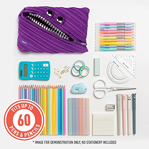 Zipit Grillz Large Pencil Case, Holds Up To 60 Pens, Machine Washable, Made Of One Long Zipper! (Purple) #TOP3