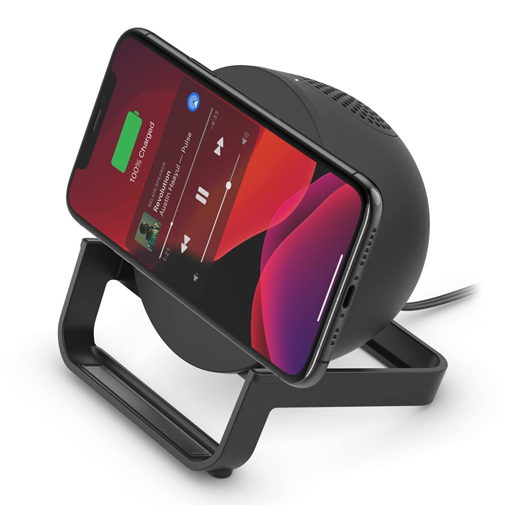 Belkin Chargeur à induction Stand et enceinte (recharge sans fil, enceinte Bluetooth, recharge pendant l'écoute de musique, le streaming de vidéos et le lancement d'appels vidéo, noir)