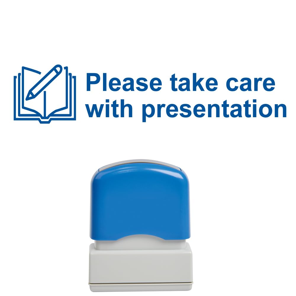 Please take Care with Presentation Self-Inking Teacher Stamp, Reinkable, Quality School Stamp 10x39mm Blue Ink.