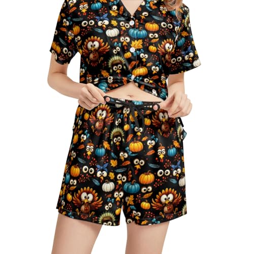 Image of Silk Satin Pajama Set for Women Summer Lounge Pjs Sets 2 Piece Suit Ladies Button Down Tops And Shorts Sleepwear