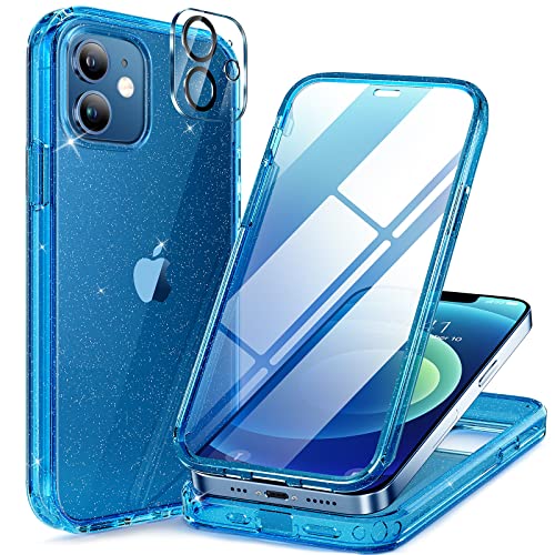 Image of Miracase Glass Series for iPhone 12 /12 Pro - Full-Body Rugged Protective Case with Built-in 9H Tempered Glass Screen Protector and Camera Lens Protector - Glitter Blue