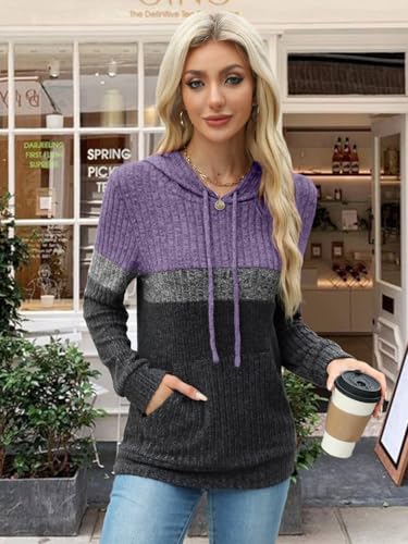 MixShe Women’s Color Block Knit Hoodie – Casual Long Sleeve Pullover Sweater Tops with Pocket