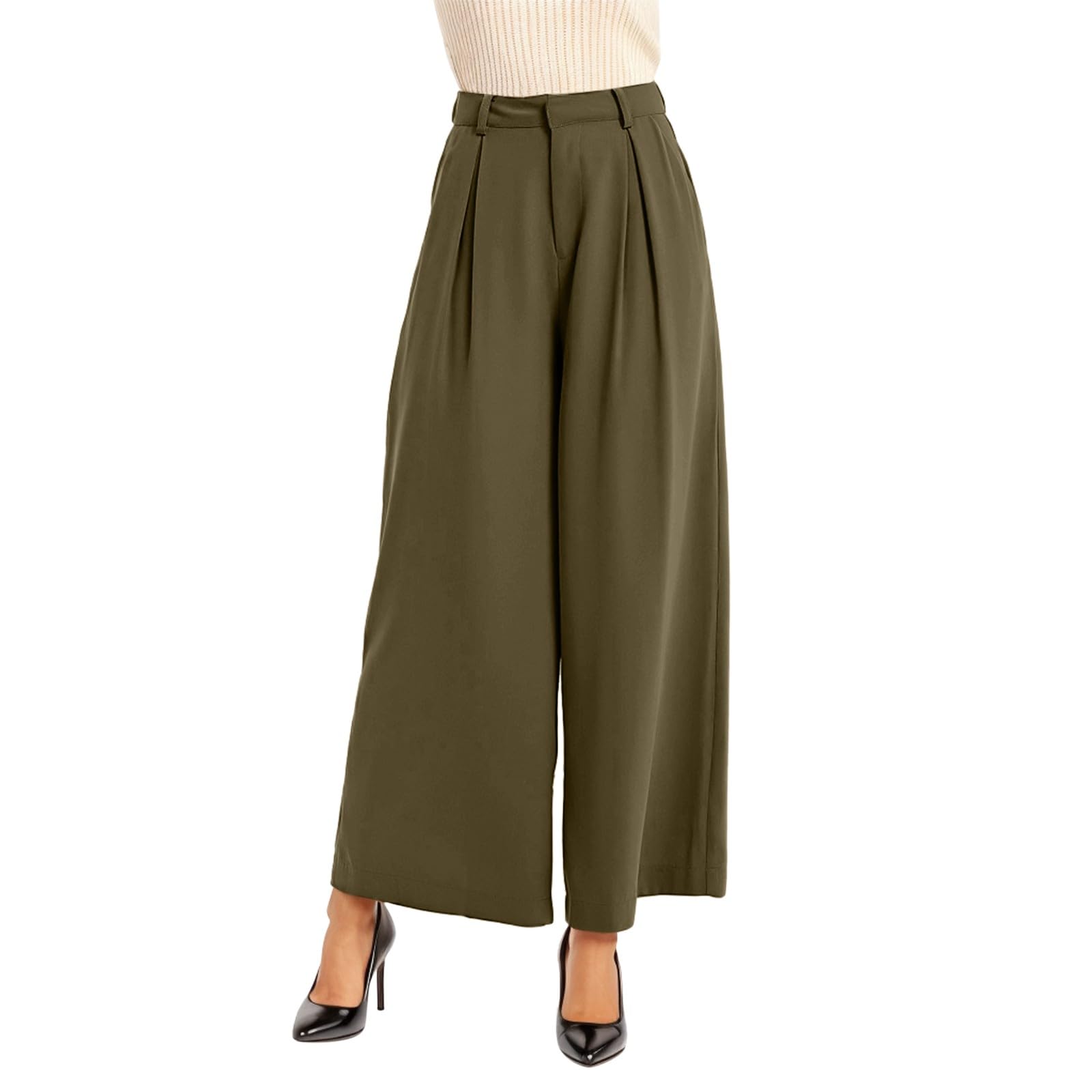 Womens Wide Leg Cropped Suit Pants Work Business Summer Pleated Waisted Side Zipper Up Trousers with Pockets Womens Casual Work Tops