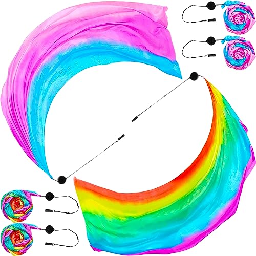 Jenaai 4 Sets Belly Dance Colorful Veil Poi Scarf Poi Streamer with Poi Balls Silk Poi for Stage Props (Fresh Color,78.74 x 31.5 Inches)