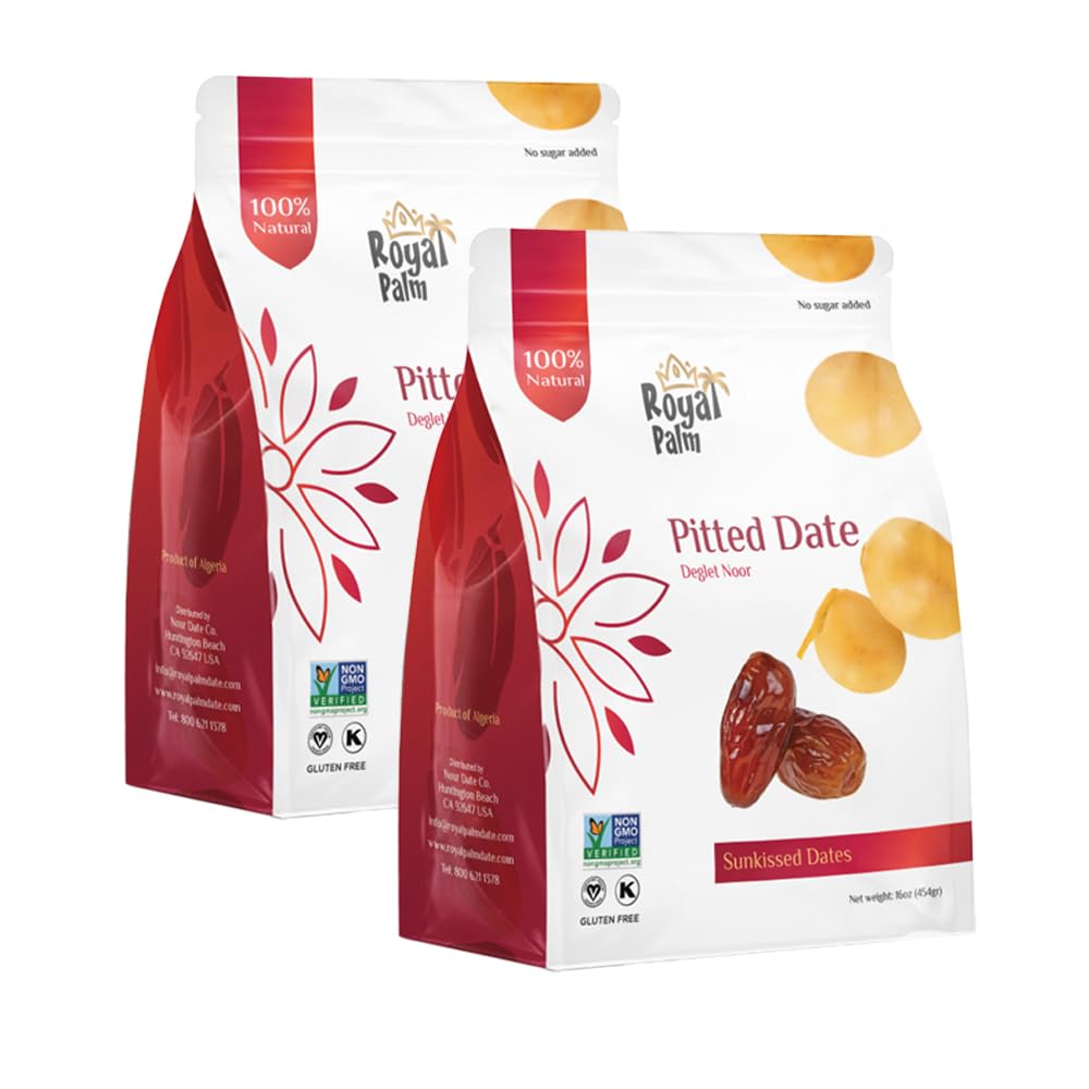 Royal Palm Deglet Noor Dates 16oz (Pack of 2) - Natural Dried Pitted Dates for Baking Non-GMO, Kosher Raw Pitted Dates in Bulk Pack -Premium Dry Deglet Noor Dates, No Added Sugar