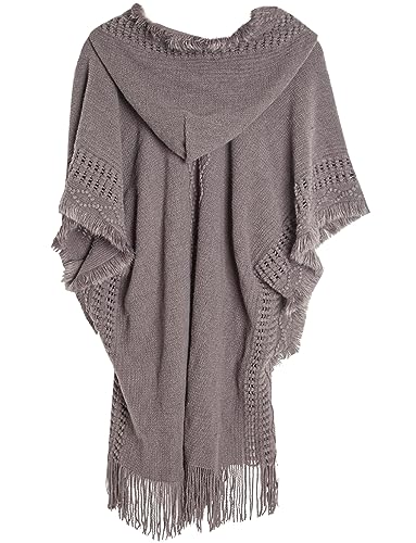 FEOYA Women's Hooded Poncho Sweater with Decorative Buttons Fringe Wraps Knit Tassel Pullover2