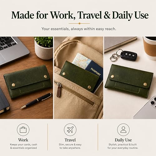 Image of Leather Currency Pouch - Handmade Cash Organizer with Double Button Closure & Zipper Pocket, Compact Money Holder for Travel & Everyday Use, 4 x 8 Inch (Green)