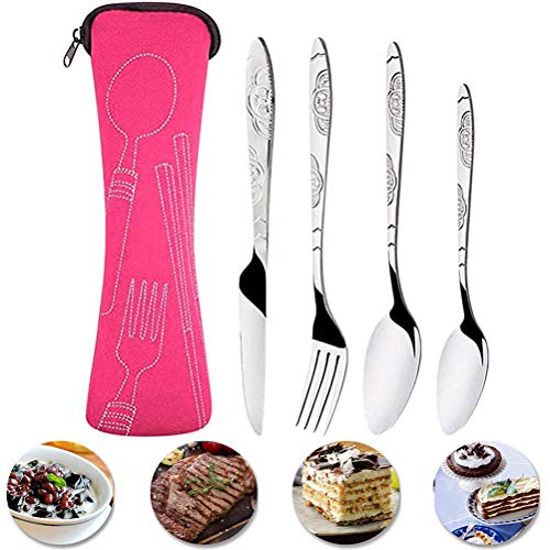 4PCS Camping Couverts Voyage Set avec Pouch Case Couverts en Acier Inoxydable Portables avec Organisateur de Stockage Vaisselle pour Pique-Nique école Lunch Box Couteau Fourchette Cover