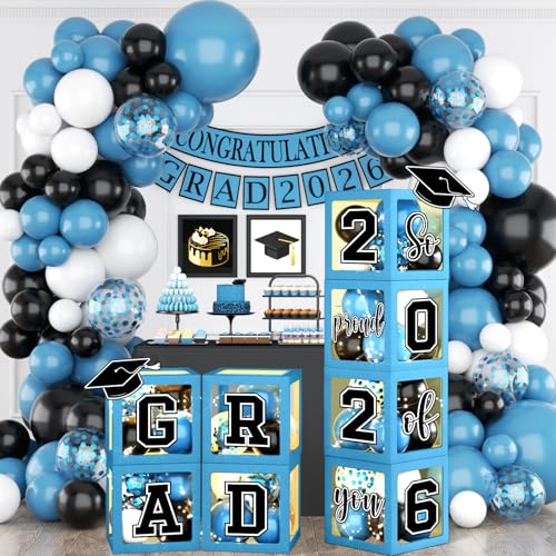 Light Blue Graduation Decorations 2026 Balloon Boxes with Letters So Proud of You Class of 2026 Balloons for 2026 High School & College Celebrations Congrats Party Supplies