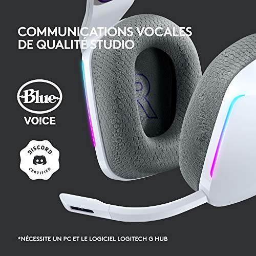 Logitech G733 Casque Gamer Sans Fil LIGHTSPEED avec Bandeau de Suspension, LIGHTSYNC RVB, de Micro Blue VO!CE, Transducteurs Audio PRO-G, Ultra-Léger, Batterie 29h, Portée de 20m, PS4, PS5 - Blanc