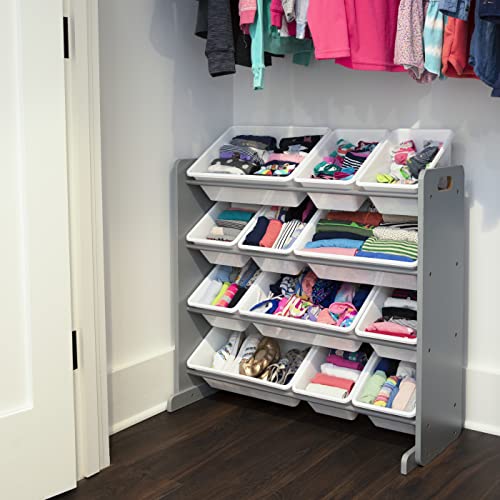 Image of Humble Crew Children's Shelf, Toy Organiser Shelf with 12 Storage Boxes, Grey /White