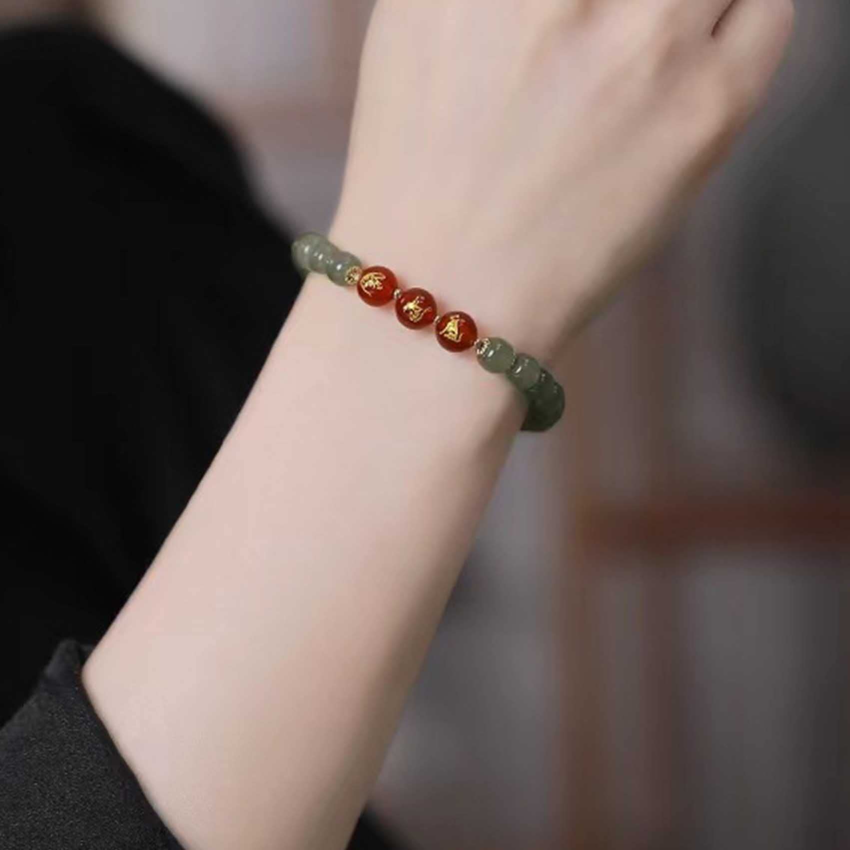 YDYDTTKD Bransoletka z naturalnych kamieni szlachetnych, bransoletka z chińskich zwierząt Czerwony agat Kryształ Amulet powodzenia Vintage Medytacja Kobiety Biżuteria, Biały, Królik Świnia Koza