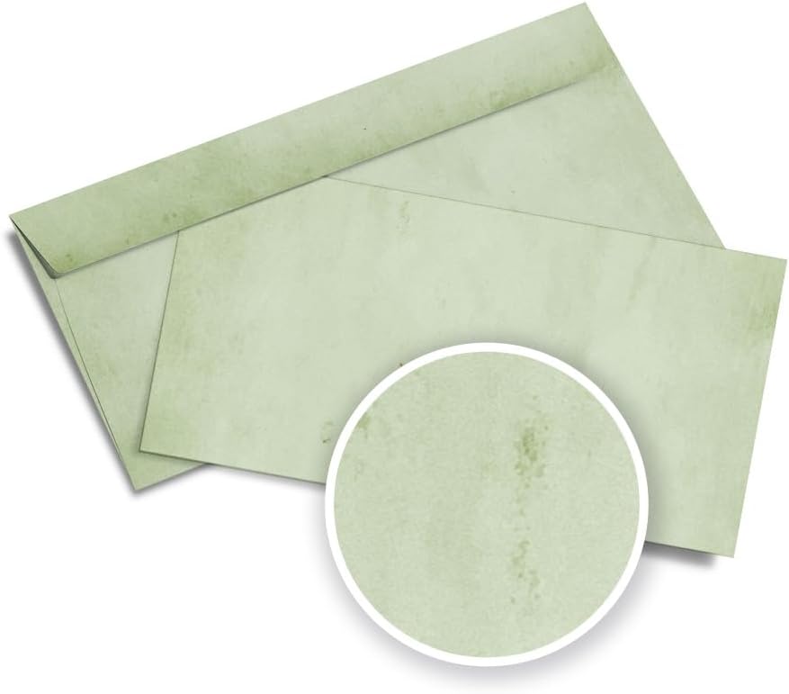 Partycards Pack of 50 Green Envelopes Without Window, 100 g/m², Retro Look, Coloured Envelopes, DIN Long, Printed on Both Sides, Self-Adhesive, Ideal for Invitations and Cards
