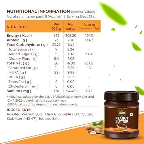 Image of DiSano Chocolate Peanut Butter Creamy, 350g, 23g Protein & 6.4g Dietary Fibre, Tasty & Healthy Chocolate Spread for Breakfast & Snacks, Made with Premium Roasted Peanuts, Zero Cholesterol & Trans Fat