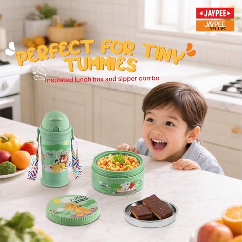 Image of JAYPEE First Step Inner Stainless Steel Insulated Lunch Box Meal and Sip Combo for School Kids Water Bottle Sipper & Disney Princess School Kids Tiffin Box 375 & 270 ml Water Bottle, Green