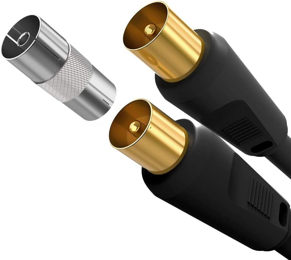 Ancable 1M TV Aerial Coaxial Cable Male to Male, Satellite Cable RF TV Antenna Coax Lead to PAL Male Gold Plated Connectors Black Flylead for Sky/SkyHD, Virgin, BT,TV, VCR or DVD players with Coupler
