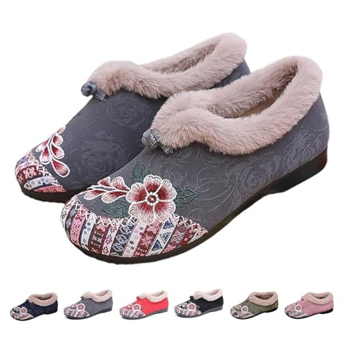 Women's Soft-Soled Non-Slip Warm Cotton Boots, Floral Embroidered Warm Plush Lined Indoor Outdoor Cozy Booties Flat Loafers