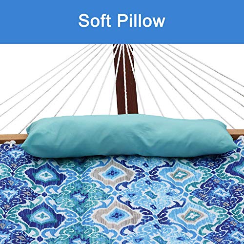 Prime Garden Double Quilted Fabric Hammock With Pillow, Hardwood Spreader Bars, Heavy Duty 450-Pound Weight Capacity, Perfect For Outdoor Patio Yard Beach, Blue Pattern #TOP3