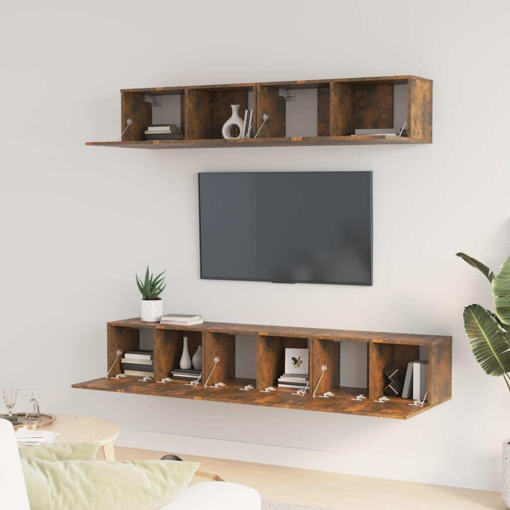 5-TLG. TV-Schrank-Set Räuchereiche Holzwerkstoff, Wandmontage, Modernes Media Center für Wohnzimmer, Viel Stauraum