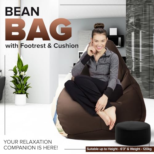 Image of Amazon Brand - Solimo 4XL Premium Faux Leather Bean Bag Combo with Footrest & Cushion, Filled with Beans | Capacity: Upto 6 Ft 5 in Height, 125 KG Weight | Bean Bag with Beans | Change is Scary Print