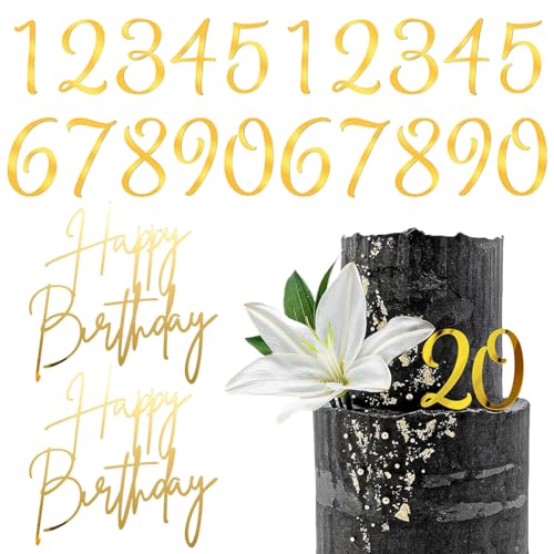 Saituo Home 22 Piezas Números 0-9 Decoracion Tartas Cumpleaños Set, Topper Tarta en Acrílico, Oro Happy Birthday Decoracion Cartel, Cake Topper Decoración para Fiestas Cumpleaños Boda Aniversario