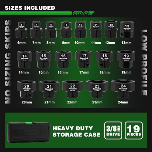 Image of TecoTek 19PCS 3 /8-Inch Drive Metric Low Profile Impact Socket Set, Stubby Socket Set, 6mm-24mm, No Skips Sizes, 6 Point, Cr-Mo, Shorter Socket for Tight Areas