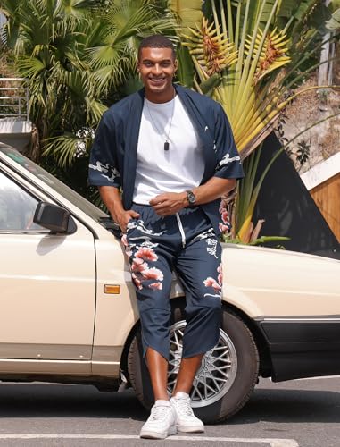 OLEMEK Men's Japanese Kimono Jacket Set Stylish Printed Open Front Cardigan Chinese Style Coat with Shorts Casual Suits4