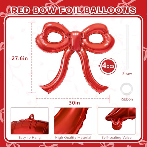 Image of 4 Pcs Red Bow Balloons Bow Party Decorations for Girl Women Red Bow Birthday Decorations Giant Foil Balloon for Baby Shower Engagement Wedding Christmas Decor Bachelorette Party Supplies