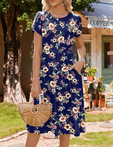 Image of HOTOUCH Women's Summer A-Line Midi Dresses 2026 Casual Floral Short Sleeve T-Shirt Dress Flowy Beach Sundress with Pockets